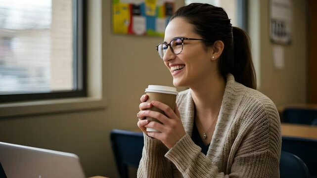 A teacher holds a coffee mug, smiling warmly while listening to a student