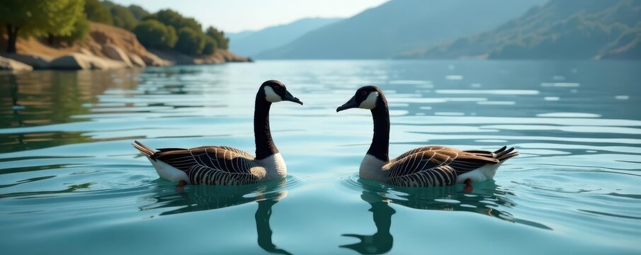Two geese swimming peacefully on Lake Kournas, Crete , image, beak