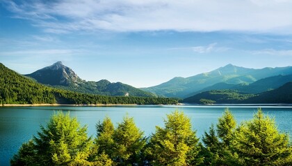 Naklejka premium natural background of green leaves trees blowing near water reservoir with mountain and forest in background