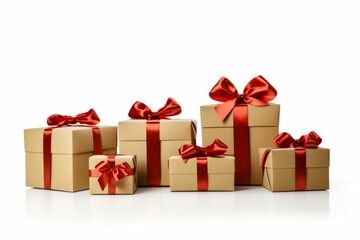 Fototapeta premium Six gift boxes of various sizes, wrapped in brown kraft paper and tied with elegant red satin ribbons, stand on a white reflective surface, creating a festive and celebratory atmosphere