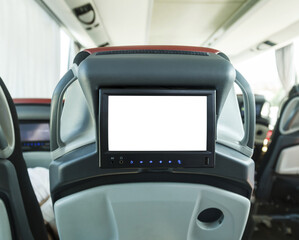 Interior of a Passenger Bus with a Blank Entertainment Screen on the Seat isolated on white...