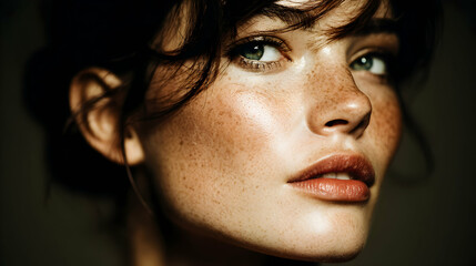 Fototapeta premium Close-up portrait of a young woman with freckles and glowing skin