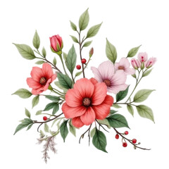 Watercolor Floral Arrangement with Pink and Red Flowers and Green Leaves on Transparent Background Botanical Illustration for Decoration and Design