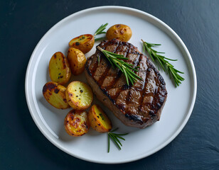 A photorealistic flat lay of grilled steak and potatoes on a white plate