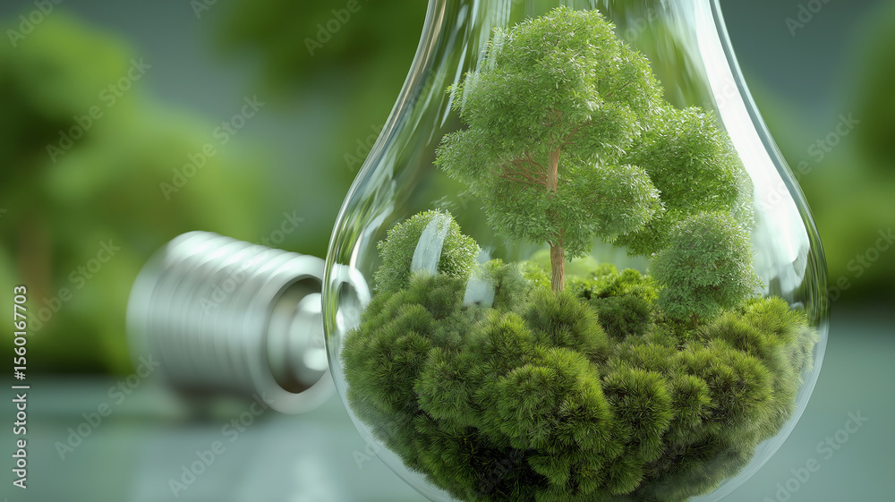 Poster miniature forest scene is encapsulated within light bulb, symbolizing concept of sustainable energy 