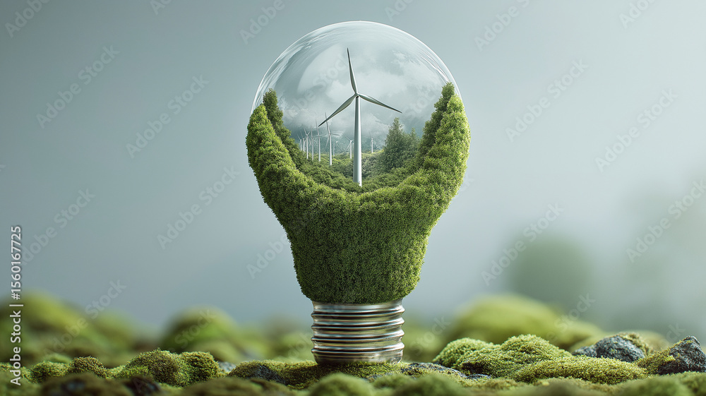 Poster light bulb covered in moss with wind turbines inside symbolizes green innovation and clean energy, b