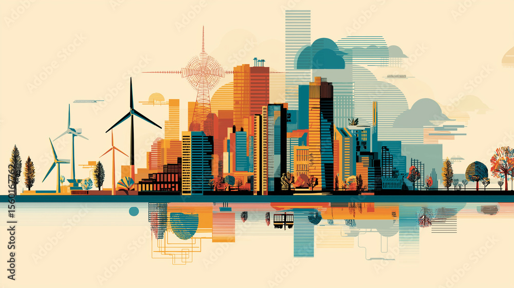 Poster vibrant cityscape illustration features renewable energy elements like wind turbines and solar panel