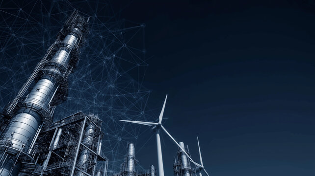 Futuristic industrial landscape featuring wind turbines and digital network overlay, symbolizing integration of technology and renewable energy for sustainable development