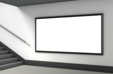 Blank billboard in a hallway near stairs, ready for advertising placement isolated on white...