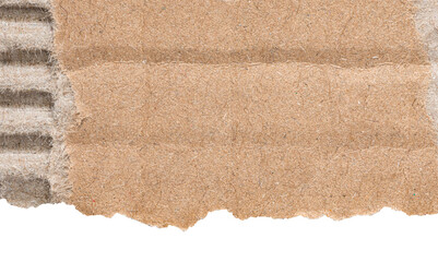 Isolated cut out torn piece of brown corrugated cardboard paper with texture and copy space for text, transparent png background design element