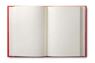 Open red book with blank pages, ready for writing or sketching ideas isolated on white background