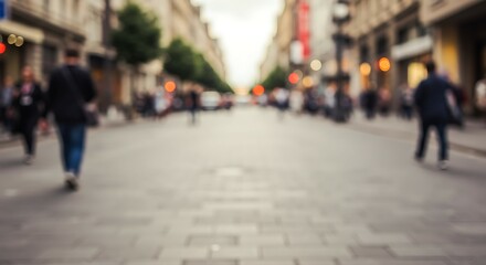 Blurred city street scene with people walking outdoors