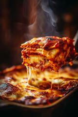 Vertical close-up of layered beet lasagna being served from a hot baking dish, steam rising, cheesy texture and vibrant beet color clearly visible.