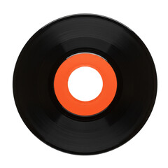 Classic 7-inch deep black glossy vinyl record with etched grooves, bright orange label, and white center hole, isolated on transparent background with copy space. Nostalgia and retro music media