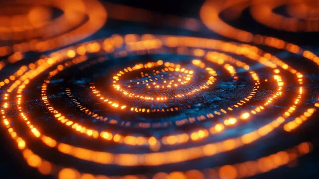 Watch as luminous orange dots swirl and form intricate spiral patterns on a high tech surface, creating a captivating display that immerses viewers in a world of modern design.