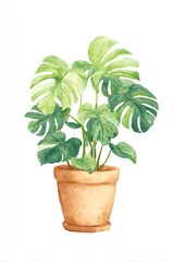 Vibrant Green Monstera Delights in Terracotta Pot, a Watercolor Masterpiece