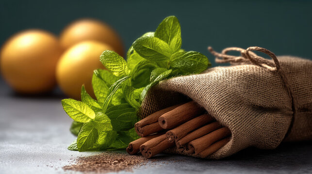 Fresh mint cinnamon sticks burlap sack lemon spice aromatic green leaves rustic kitchen natural ingredients