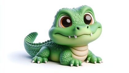 Fototapeta premium A stylized baby caiman with textured skin and big cartoon eyes resting peacefully on a clean white isolated surface