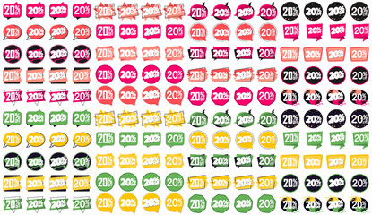 Set Sale 20% off banners, promo tags design template, vector