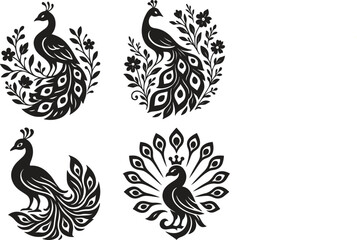 Peacock Silhouette and Detailed Vector Set
