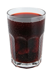 Refreshing dark beverage fills a tall glass, droplets cling to its surface, cold and tasty