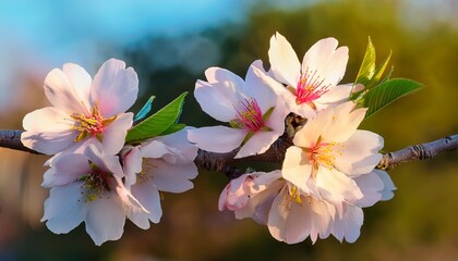 Obraz premium closeup of almond tree blossoms and new leaves
