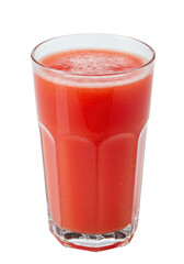 Refreshing reddish drink with a frothy top served in a tall, transparent glass on black