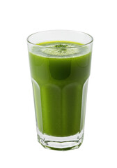 Refreshing green smoothie in glass, filled to the brim, sits against black background