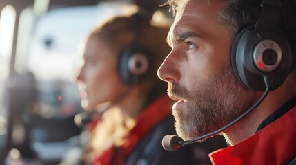 Helicopter crew members in focused communication during a mission at sunset over a mountainous region