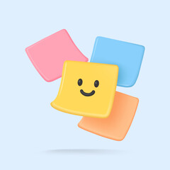 Adorable vector illustration of colorful sticky notes, one with a smiling face, floating playfully on a light blue background.
