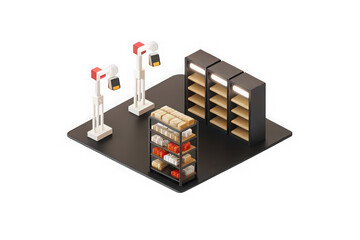 Isometric view of a retail display with bread shelves and spotlights on a white background