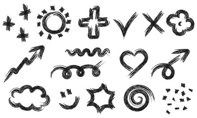 Doodles, Scribbles Elements Drawn with Crayon, Grunge, Charcoal, Hand Drawn Shapes with Chalk Texture, Vector Set Sketches, Isolated