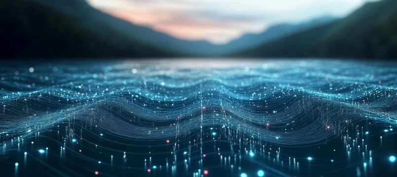 Digital Water Ripples Reflecting a Sunset Over Mountains, Symbolizing Data Flow and Connectivity