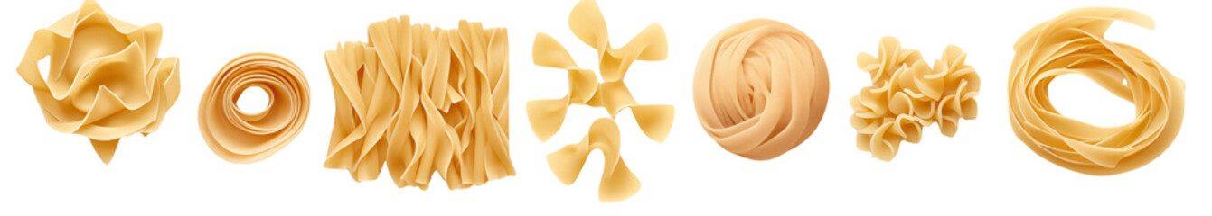 Assortment of dried pasta shapes on a black background transparent PNG, isolated background 