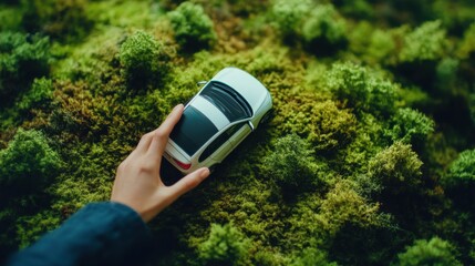 White Electric Car Model on Green Moss Background