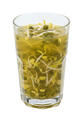 Glass with a light green liquid and bean sprouts inside. Fresh, nutritious, and healthy drink