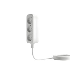 A minimalistic white extension cord with three sockets presented against a transparent background,...