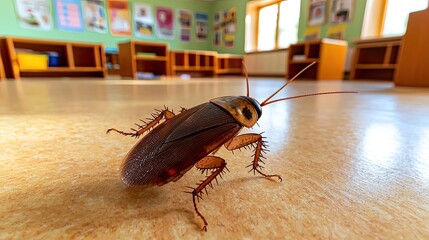 A close-up of a brown cockroach on a classroom floor. The room has colorful educational posters and wooden shelves in the background.