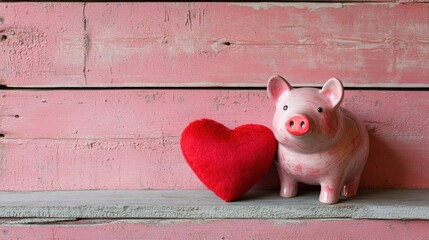 Pink Piggy Bank and Red Heart on Pink Wooden Background