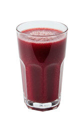 A tall glass filled with a dark red smoothie, featuring a frothy top, sits against black