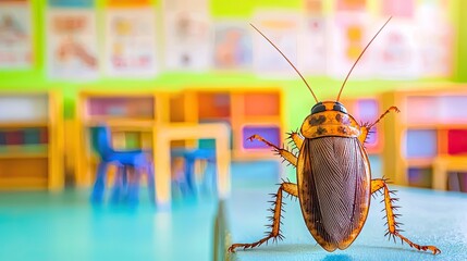 A close-up of a large brown cockroach on a table in a colorful classroom. The background features bright walls and wooden furniture, creating a vibrant educational environment.