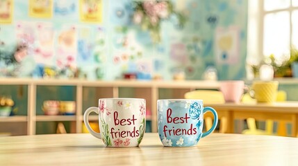 Two colorful mugs with the text 'best friends' on a wooden table. The background features a bright, cheerful room with floral decorations and pastel colors.