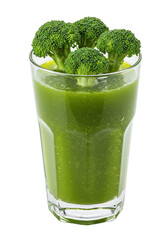 Green smoothie in glass with broccoli florets. Fresh and healthy blended drink