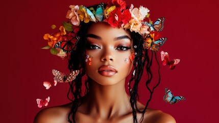 Woman with Flower Crown and Butterflies