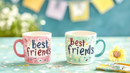 Two colorful mugs with the text 'best friends' on them. One mug is pink and the other is blue. A yellow flower and decorative background elements are present.
