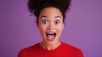 Amazed Woman with Freckles and Curly Hair in Red Shirt