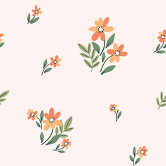 Seamless floral pattern, cute ditsy print of pretty yellow daisies. Liberty botanical design in country, folk motif. Small hand drawn flowers, tiny leaves abstract on white. Vector illustration.