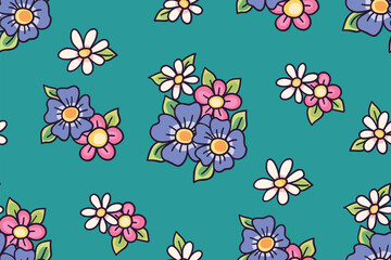 Seamless floral pattern, cute ditsy print with simple hand drawn plants. Pretty botanical design in girly style. Small daisy flowers, tiny leaves, bouquets in summer colors. Vector illustration.