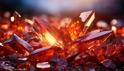 a vibrant composition of scattered shimmering crystal like shards illuminated by fiery hues of orange and red against a soft backdrop