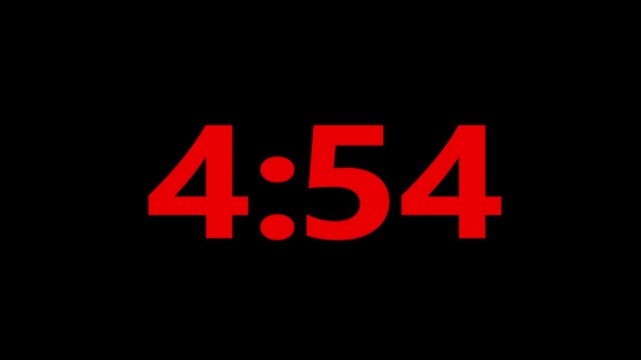 Countdown timer from 5 minute to 4 minute on black background.